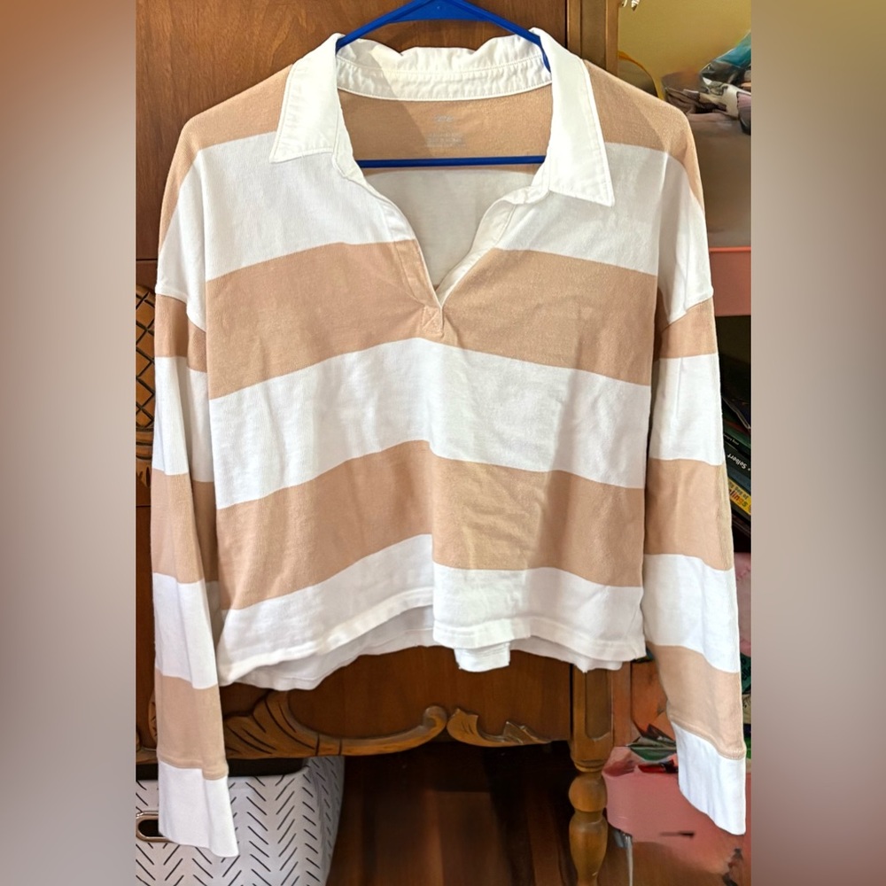 Aerie Cropped Tan and White Polo Shirt